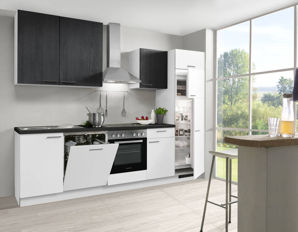 Express Küchenzeile ohne Geräte in Weiß & Esche schwarz & Schwarz: 280 cm, Spüle links | Singleküche "EXK660-3-0-l"