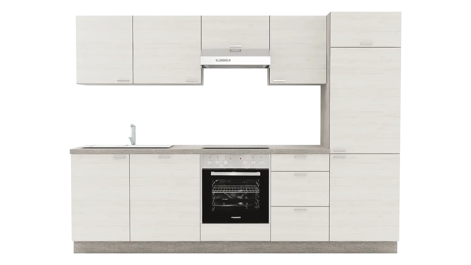 Express Küchenzeile ohne Geräte in Eiche weiß & Eiche grau: 280 cm, Spüle links | Singleküche "EXK720-3-0-l"