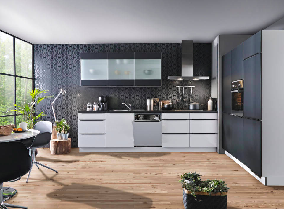 Express Küche ohne Geräte in Weiß Hochglanz & Schwarz: zweizeilig, 300x180 cm, 480 cm, Spüle links | Doppelblock "EXK780-1-0-l" / Bild 2