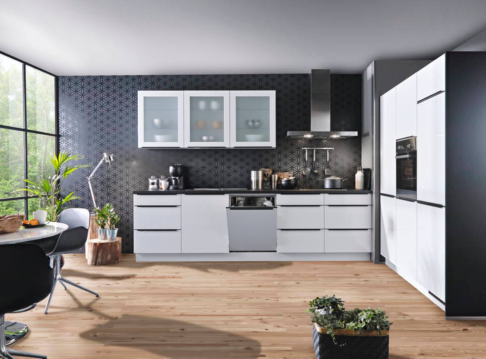 Express Küche ohne Geräte in Weiß Hochglanz & Schwarz: zweizeilig, 300x184 cm, 484 cm, Spüle links | Doppelblock "EXK810-1-0-l" / Bild 2