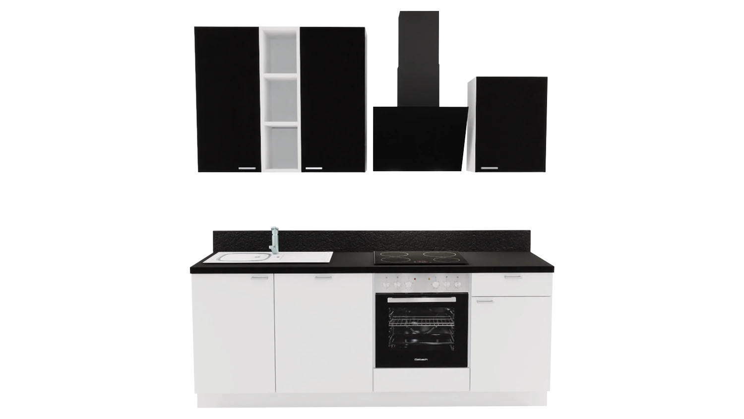 Express Küchenzeile ohne Geräte in Weiß & Schwarz: 220 cm, Spüle links | Singleküche "EXK850-4-0-l"