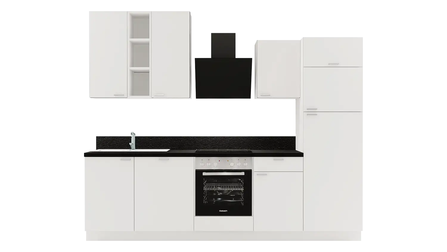 Express Küchenzeile ohne Geräte in Weiß & Schwarz: 280 cm, Spüle links | Singleküche "EXK860-1-0-l"