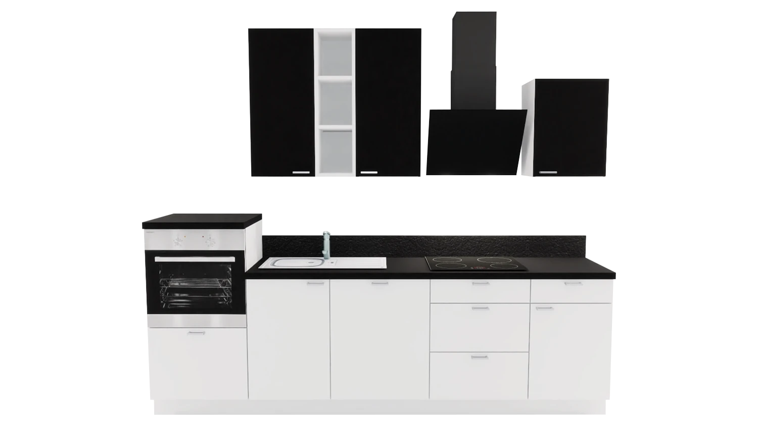 Express Küchenzeile ohne Geräte in Weiß & Schwarz: 280 cm, Spüle links | Singleküche "EXK870-4-0-l"