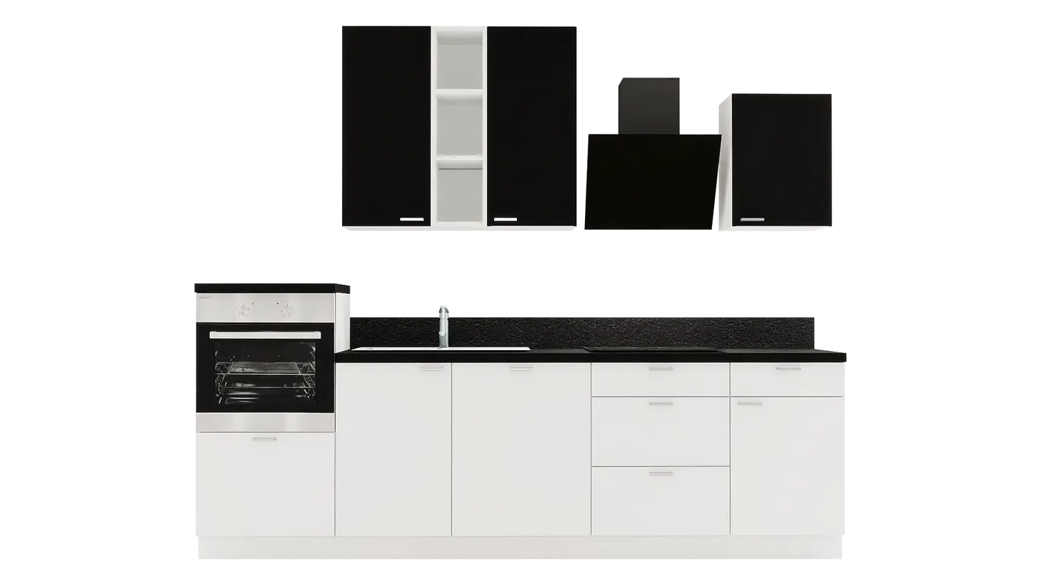 Express Küchenzeile ohne Geräte in Weiß & Schwarz: 280 cm, Spüle links | Singleküche "EXK870-4-0-l"
