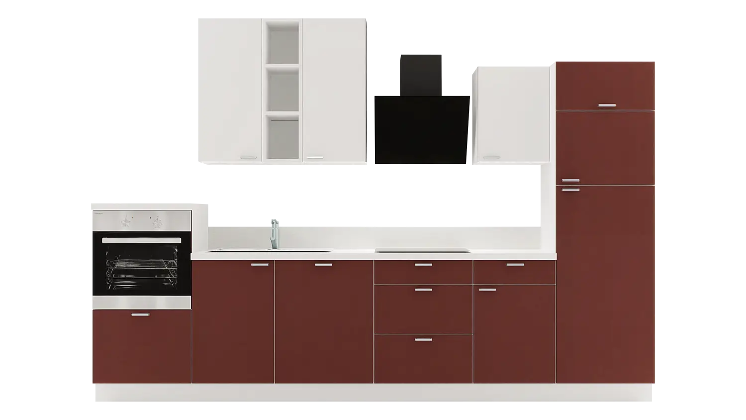 Express Küchenzeile ohne Geräte in Karminrot & Weiß: 340 cm, Spüle links | Küchenblock "EXK880-2-0-l"