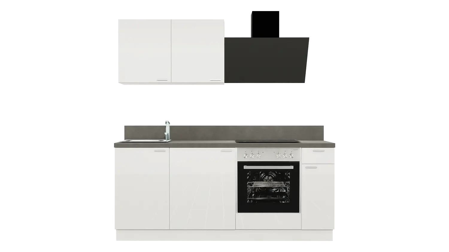 Express Küchenzeile ohne Geräte in Weiß Hochglanz & Stahl dunkel: 200 cm, Spüle links | Miniküche "EXK890-5-0-l" / Bild 1