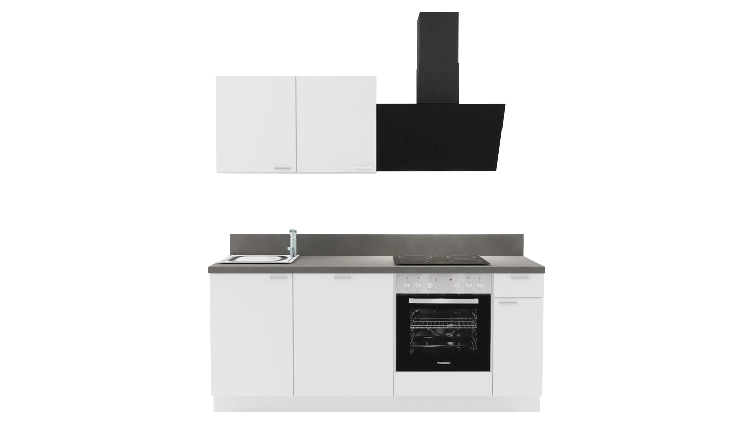 Express Küchenzeile ohne Geräte in Weiß Hochglanz & Stahl dunkel: 200 cm, Spüle links | Miniküche "EXK900-5-0-l" / Bild 1