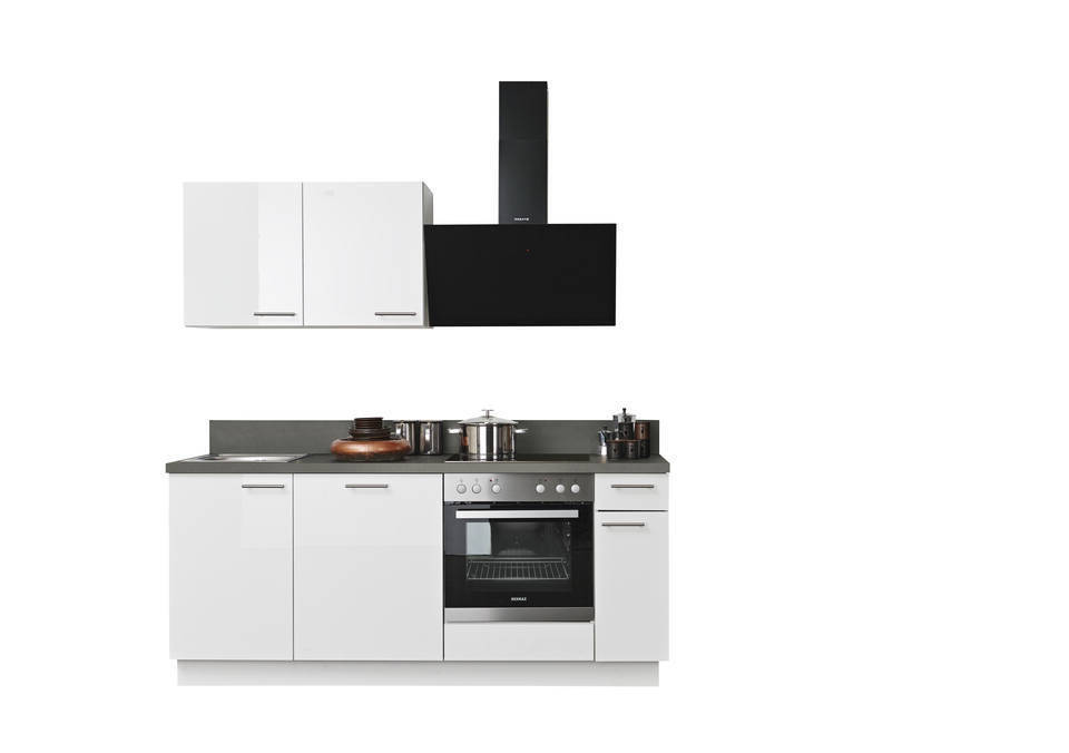 Express Küchenzeile ohne Geräte in Weiß Hochglanz & Stahl dunkel: 200 cm, Spüle links | Miniküche "EXK900-5-0-l" / Bild 3