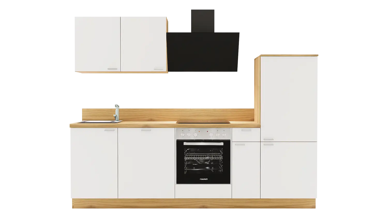 Express Küchenzeile ohne Geräte in Weiß & Eiche astig: 260 cm, Spüle links | Singleküche "EXK920-4-0-l"