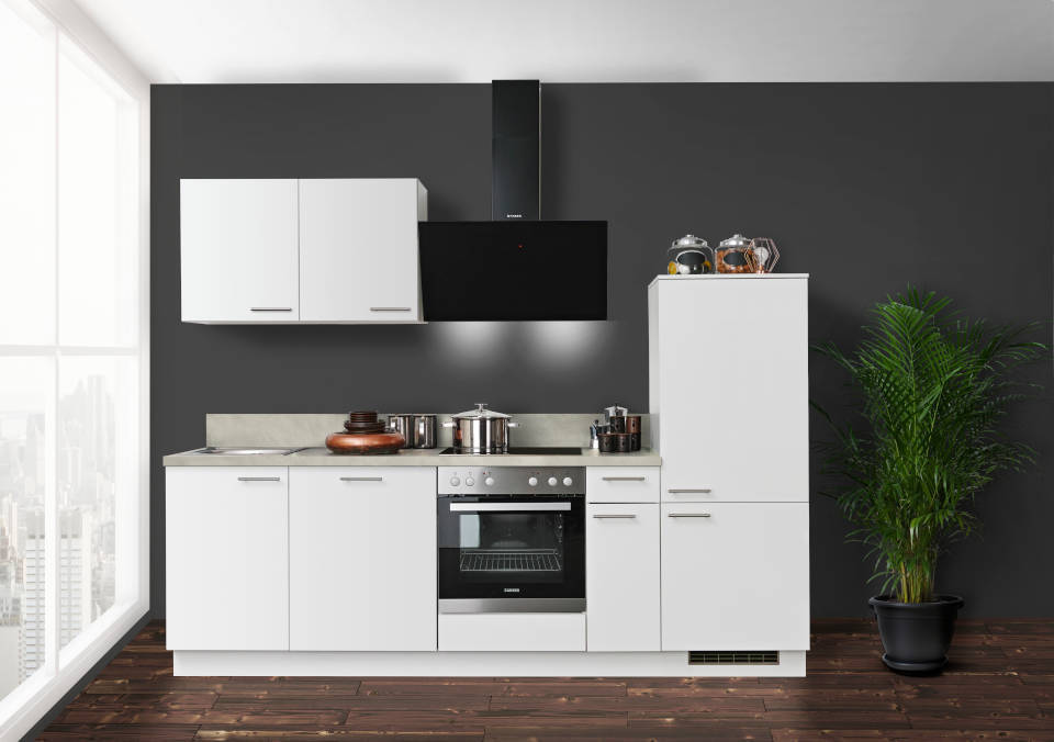 Express Küchenzeile ohne Geräte in Weiß & Zement hell: 260 cm, Spüle links | Singleküche "EXK920-1-0-l" / Bild 2
