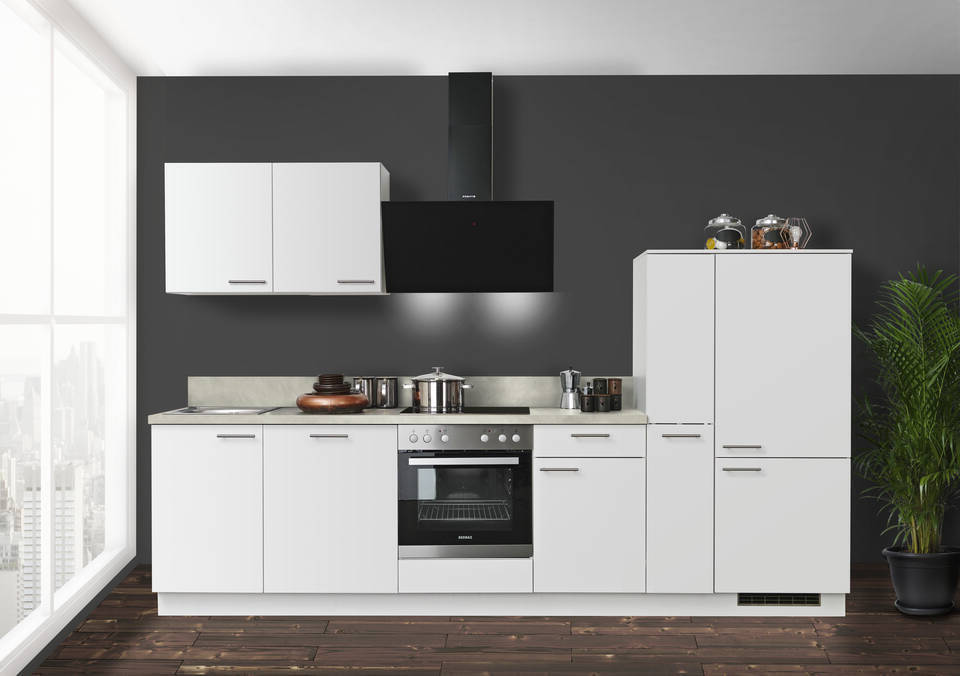 Express Küchenzeile ohne Geräte in Weiß & Zement hell: 310 cm, Spüle links | Küchenblock "EXK930-1-0-l"