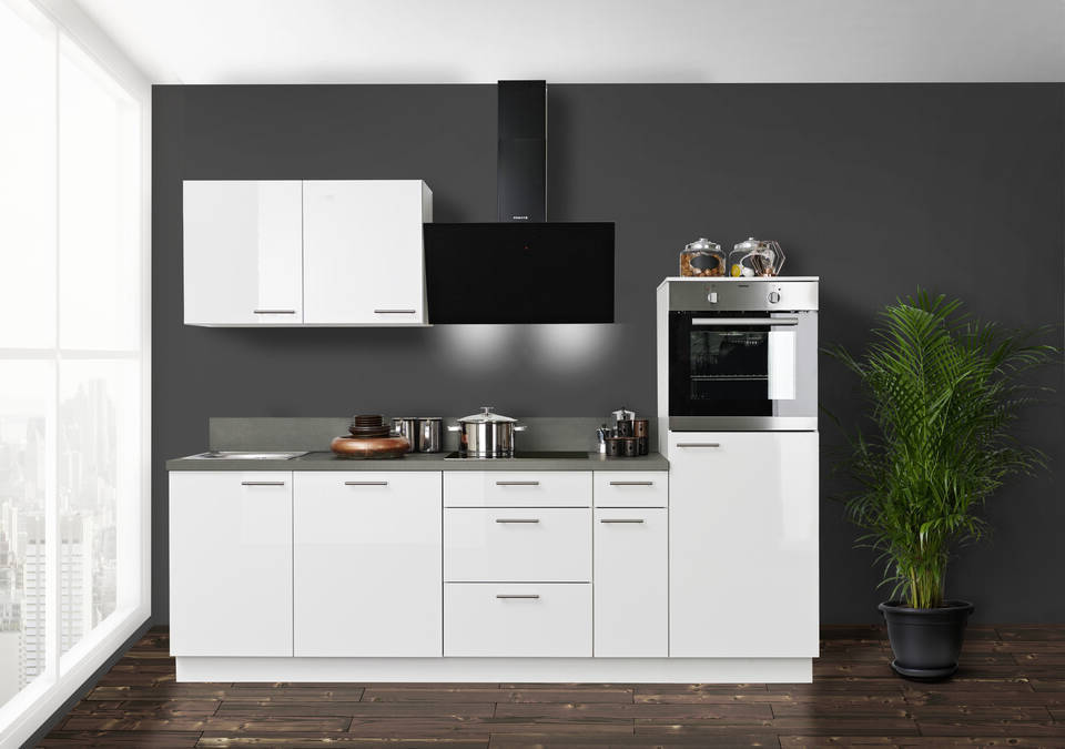 Express Küchenzeile ohne Geräte in Weiß Hochglanz & Stahl dunkel: 260 cm, Spüle links | Singleküche "EXK940-5-0-l" / Bild 2