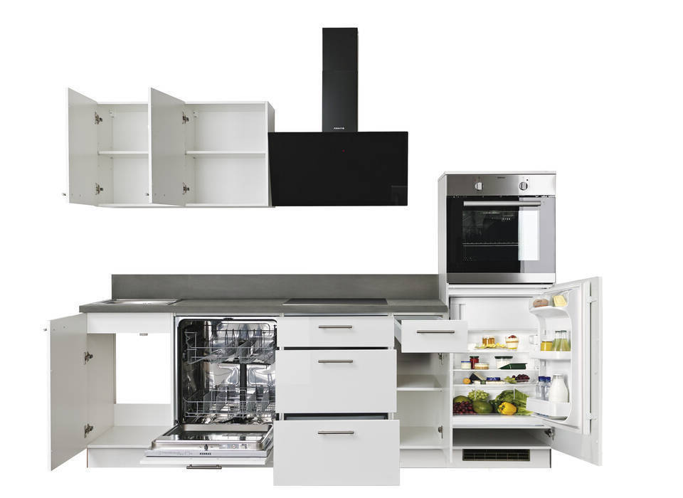 Express Küchenzeile ohne Geräte in Weiß Hochglanz & Stahl dunkel: 260 cm, Spüle links | Singleküche "EXK940-5-0-l" / Bild 4