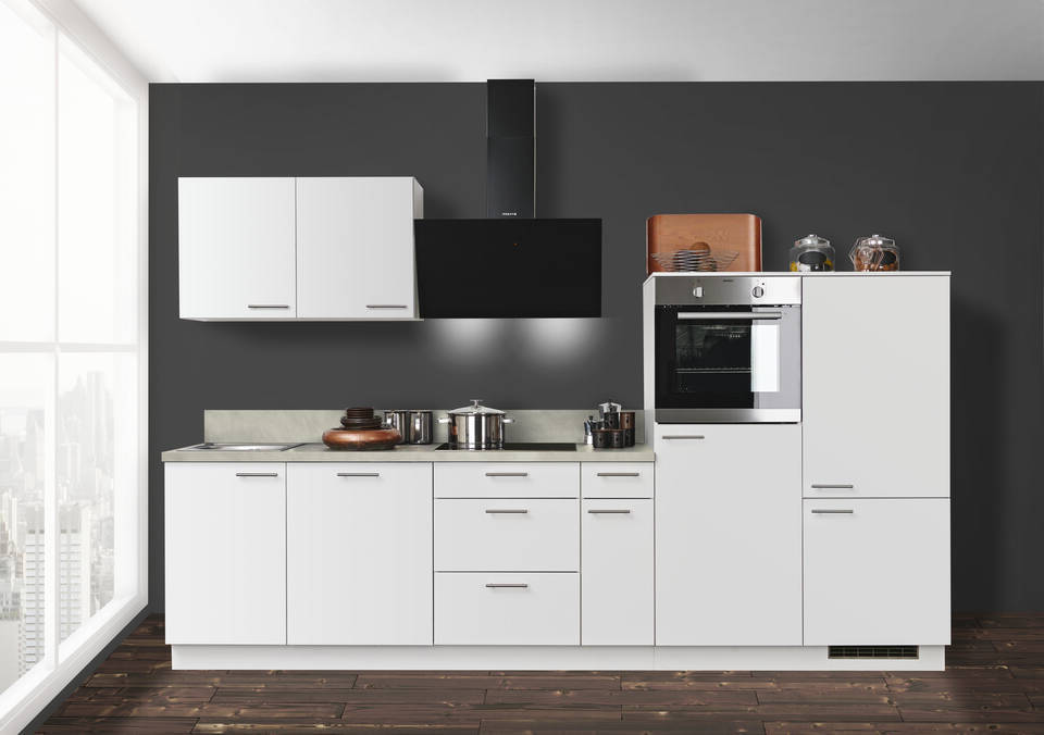 Express Küchenzeile ohne Geräte in Weiß & Zement hell: 320 cm, Spüle links | Küchenblock "EXK950-1-0-l"