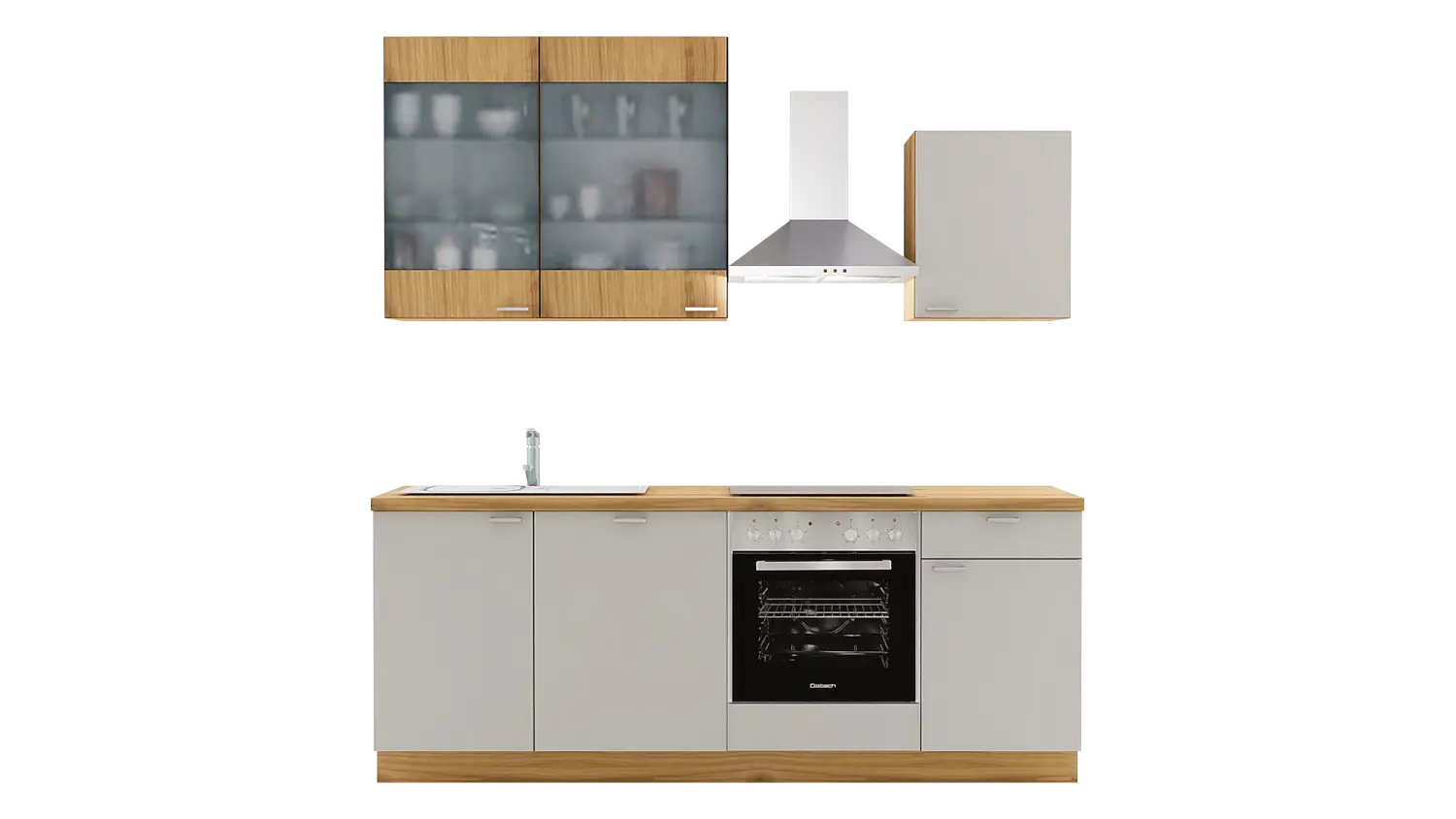 Express Küchenzeile ohne Geräte in Hellgrau & Eiche astig: 220 cm, Spüle links | Singleküche "EXK970-2-0-l"