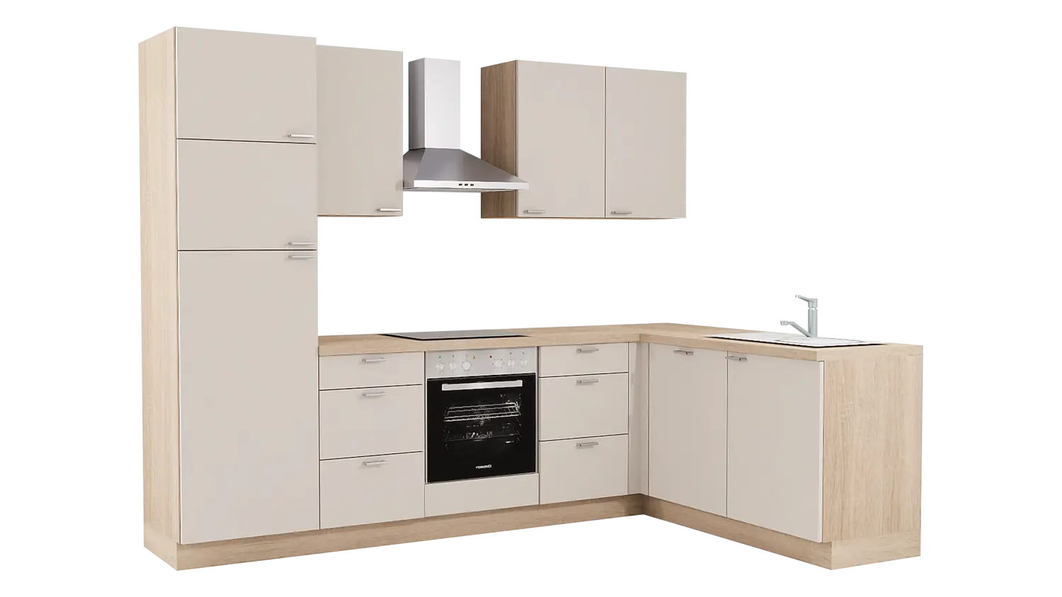 Express L-Küche ohne Geräte in Crema & Bergeiche: 185x285 cm, 470 cm, Spüle rechts | Winkelküche "EXK140-2-0-r"