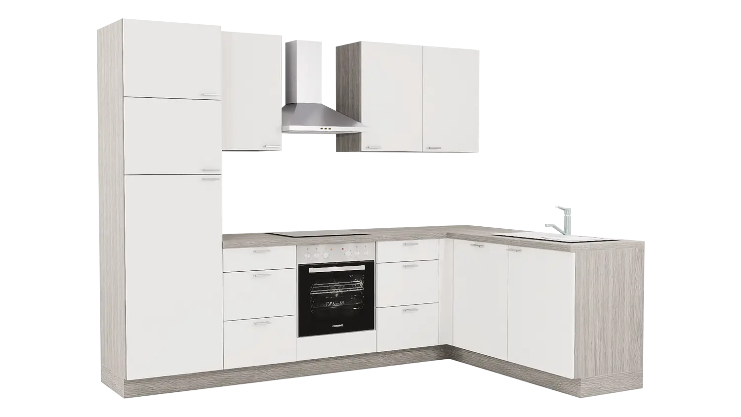 Express L-Küche ohne Geräte in Weiß & Eiche grau: 185x285 cm, 470 cm, Spüle rechts | Winkelküche "EXK140-1-0-r"