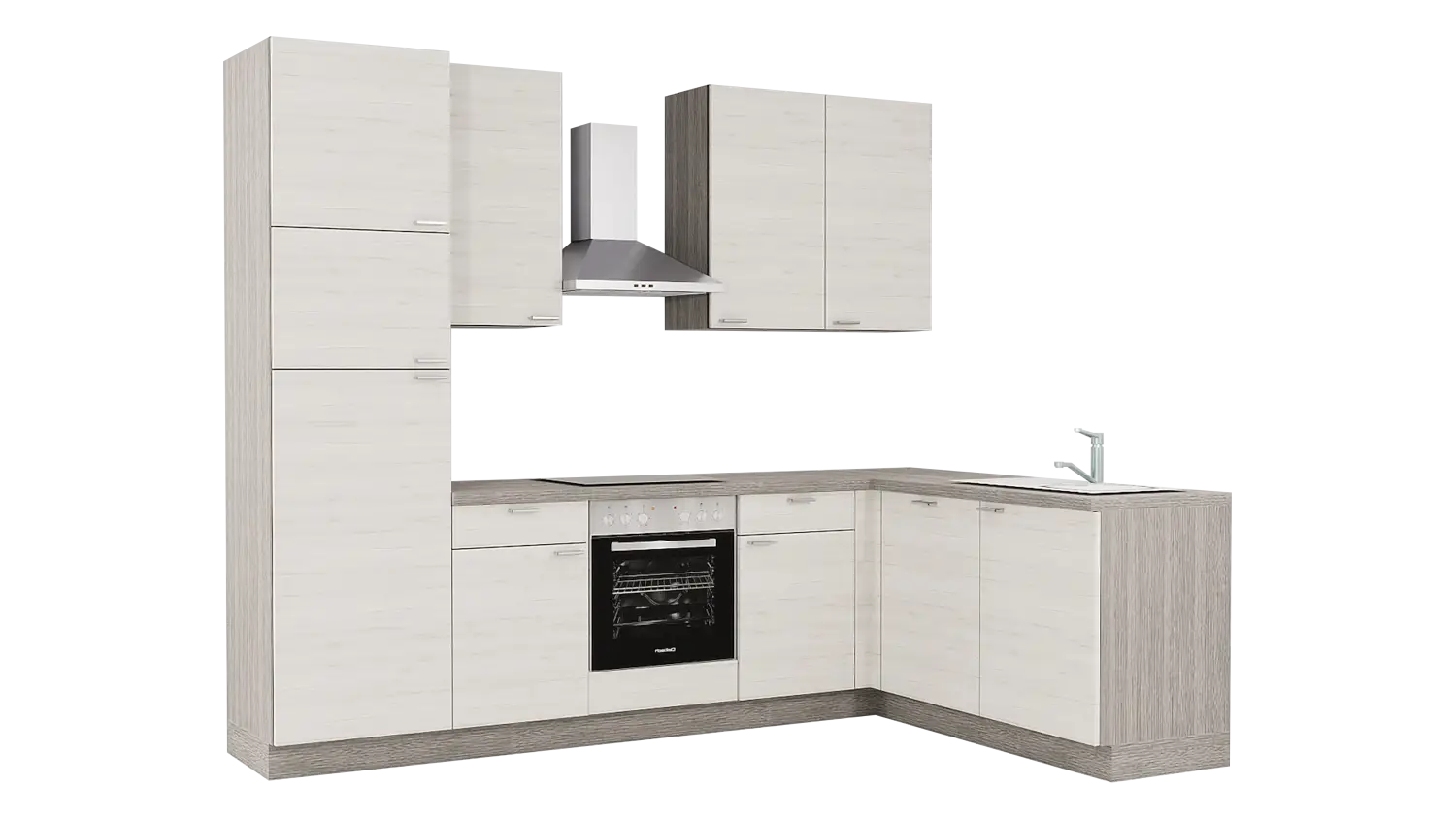 Express L-Küche ohne Geräte in Eiche weiß & Eiche grau: 185x285 cm, 470 cm, Spüle rechts | Winkelküche "EXK150-4-0-r"