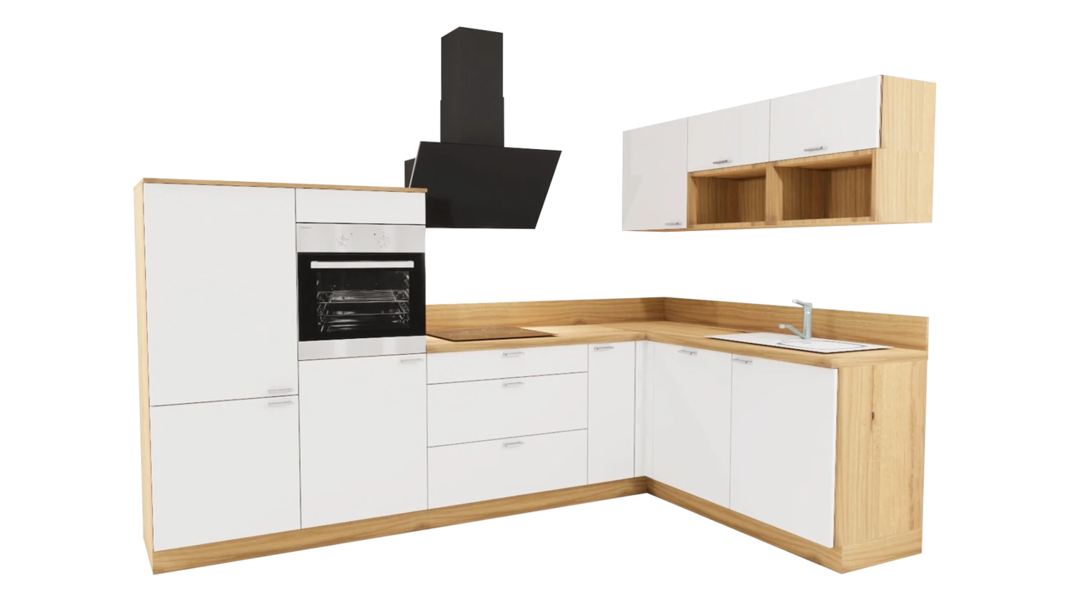 Express L-Küche ohne Geräte in Weiß & Eiche astig: 305x185 cm, 490 cm, Spüle rechts | Winkelküche "EXK160-11-0-r"