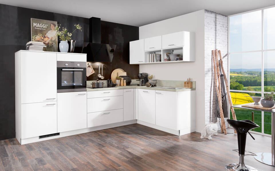 Express L-Küche ohne Geräte in Weiß & Zement hell: 305x185 cm, 490 cm, Spüle rechts | Winkelküche "EXK160-7-0"