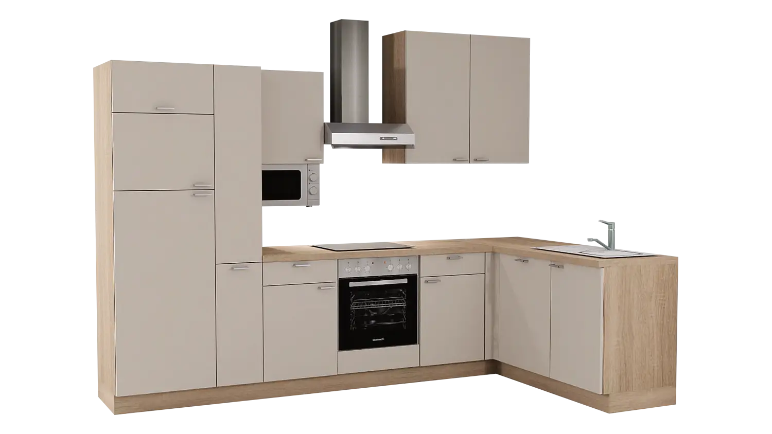 Express L-Küche ohne Geräte in Crema & Bergeiche: 315x175 cm, 490 cm, Spüle rechts | Winkelküche "EXK610-3-0-r"