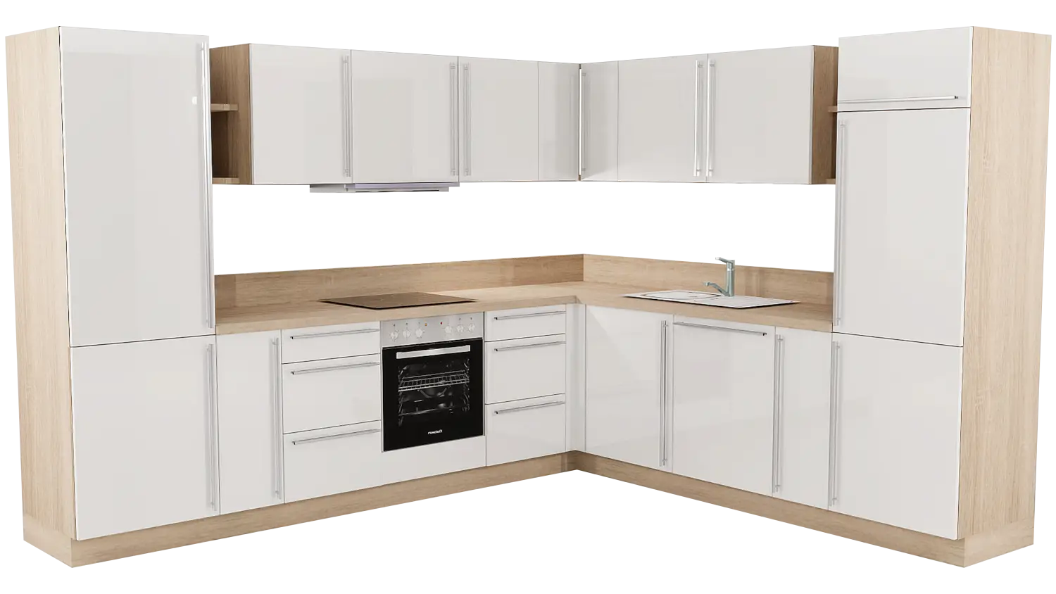 Express L-Küche ohne Geräte in Weiß Hochglanz & Bergeiche: 275x315 cm, 590 cm, Spüle rechts | Winkelküche "EXK190-2-0-r"