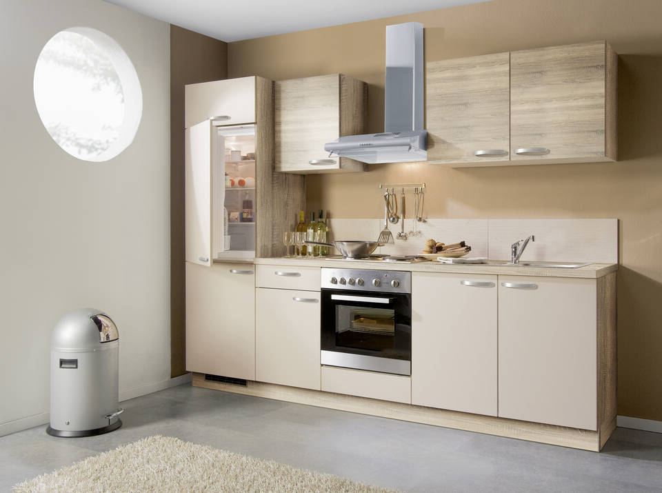 Express Küchenzeile ohne Geräte in Crema & Bergeiche: 270 cm, Spüle rechts | Singleküche "EXK280-20-0"