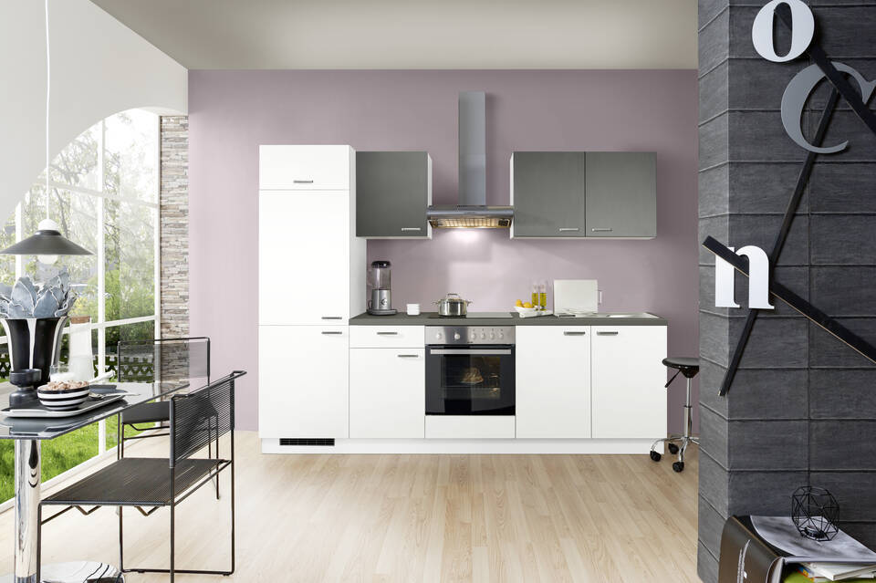 Express Küchenzeile ohne Geräte in Weiß & Anthrazit: 270 cm, Spüle rechts | Singleküche "EXK280-17-0"