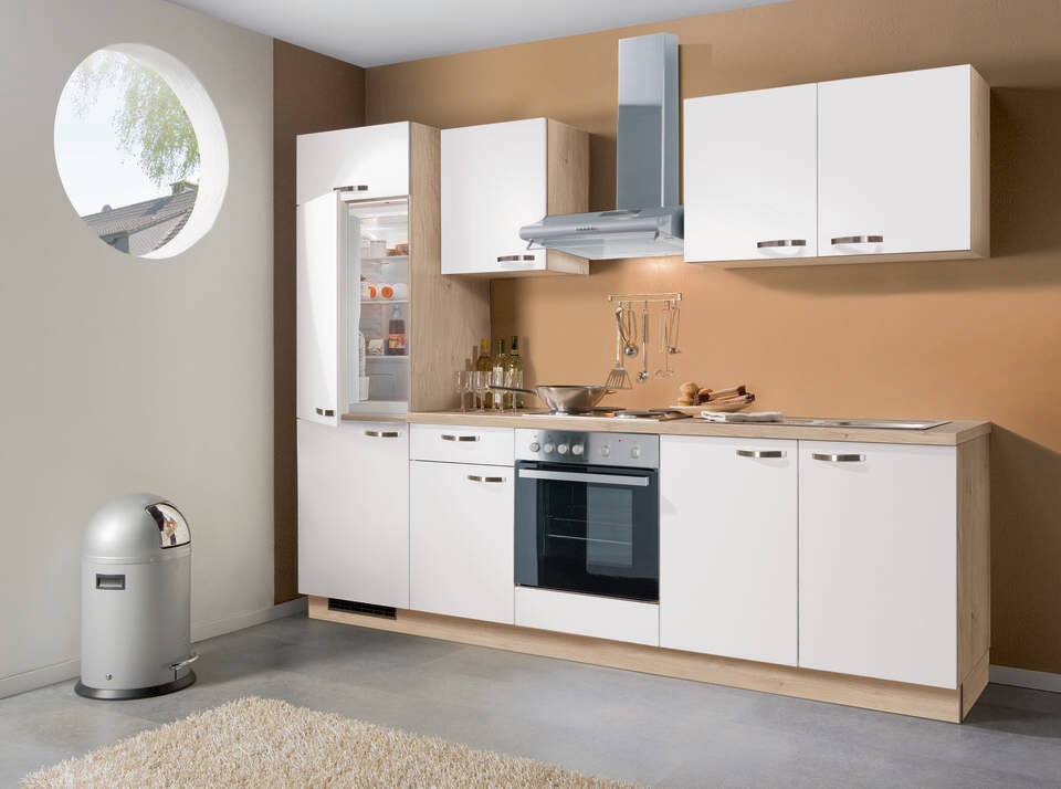 Express Küchenzeile ohne Geräte in Weiß & Wildeiche: 270 cm, Spüle rechts | Singleküche "EXK280-3-0"