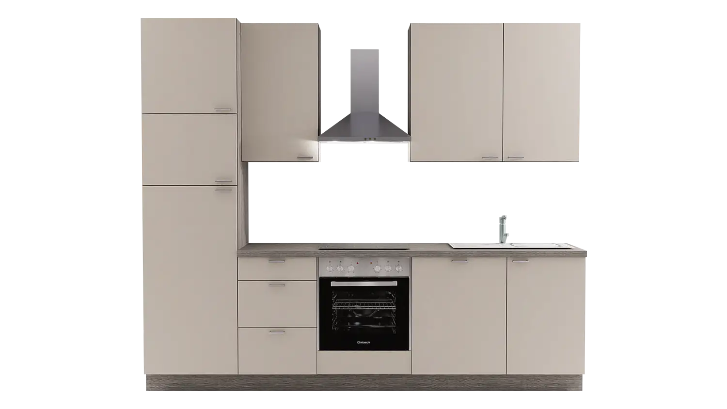 Express Küchenzeile ohne Geräte in Crema & Eiche grau: 280 cm, Spüle rechts | Singleküche "EXK340-4-0-r"
