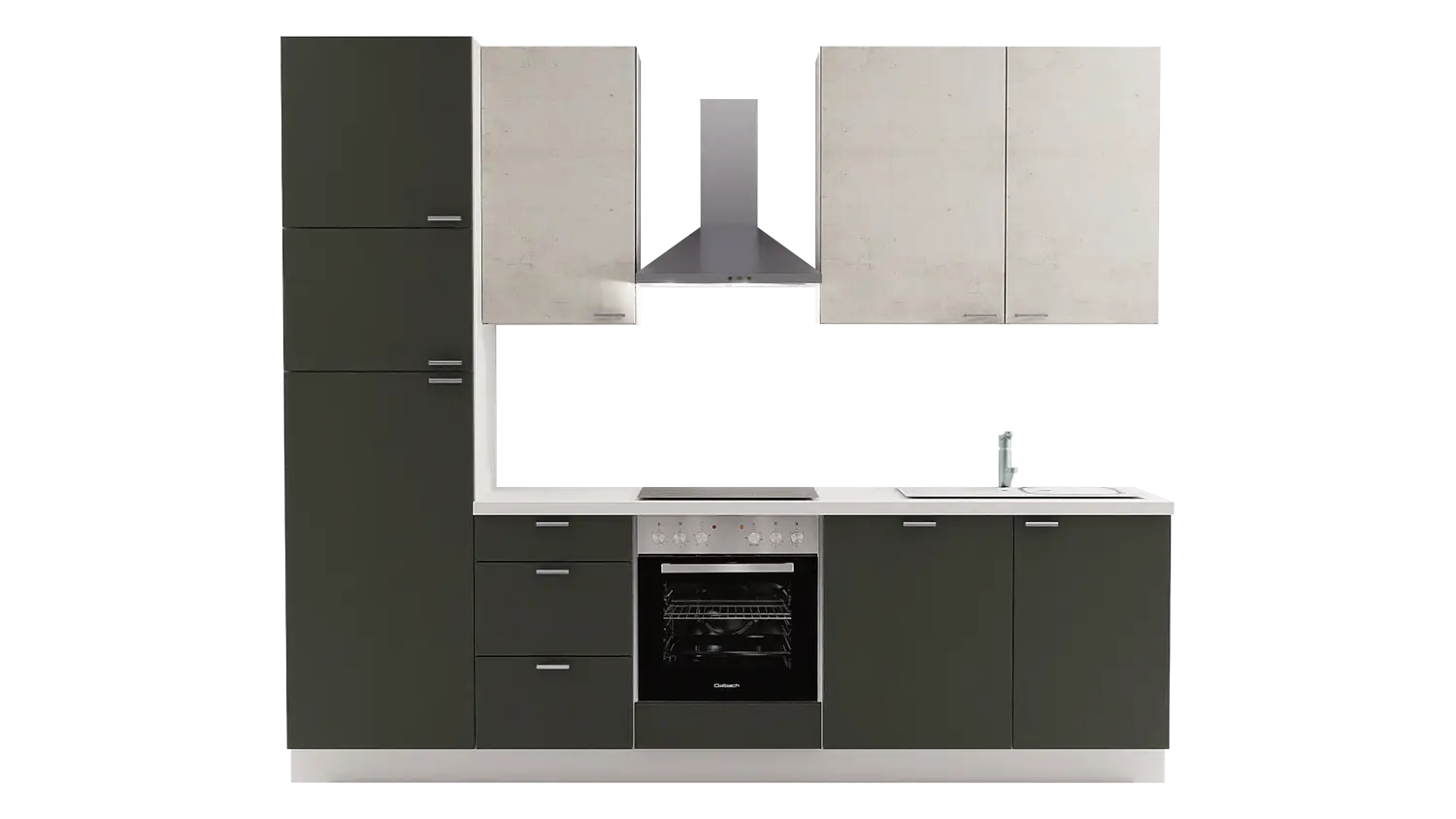 Express Küchenzeile ohne Geräte in Dunkelgrün & Beton steinweiß: 280 cm, Spüle rechts | Singleküche "EXK340-9-0-r"