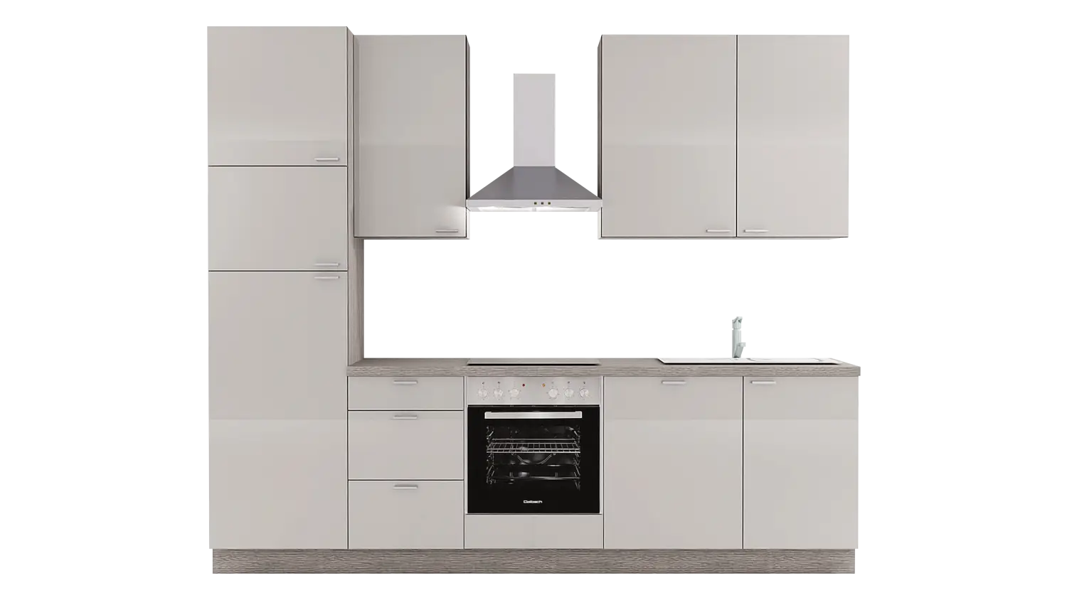 Express Küchenzeile ohne Geräte in Hellgrau Hochglanz & Eiche grau: 280 cm, Spüle rechts | Singleküche "EXK340-12-0-r"