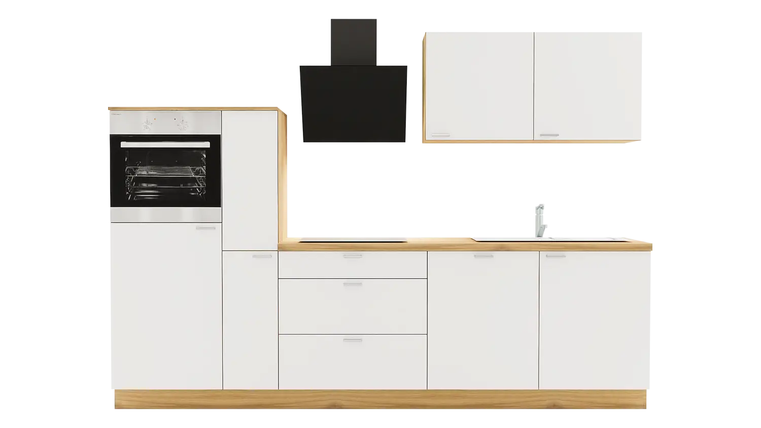 Express Küchenzeile ohne Geräte in Weiß & Eiche astig: 290 cm, Spüle rechts | Singleküche "EXK370-3-0-r"