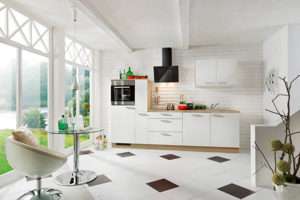Express Küchenzeile ohne Geräte in Weiß & Eiche astig: 290 cm, Spüle rechts | Singleküche "EXK370-3-0-r"