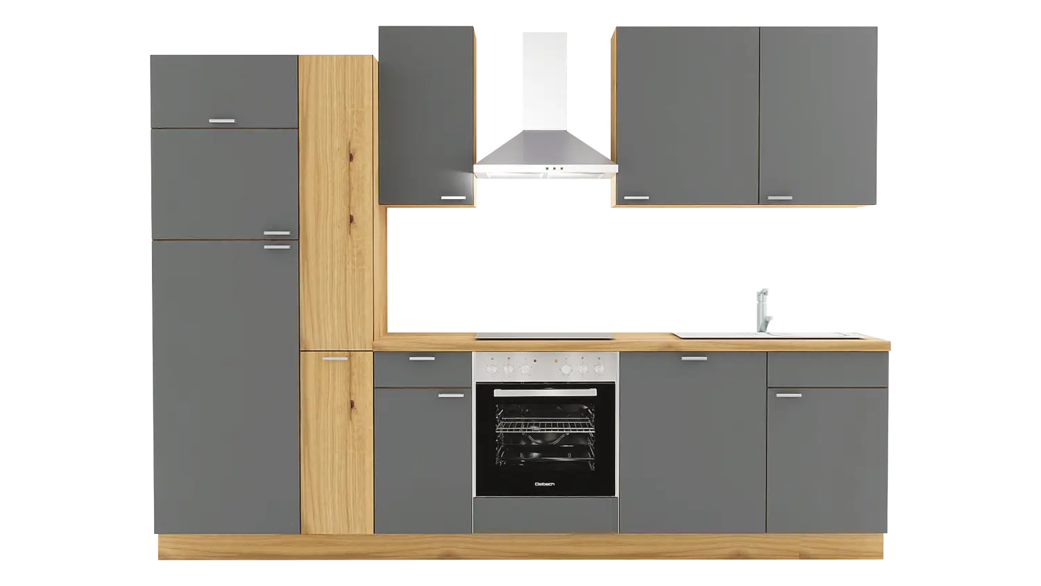 Express Küchenzeile ohne Geräte in Anthrazit & Eiche astig: 300 cm, Spüle rechts | Singleküche "EXK390-4-0-r"