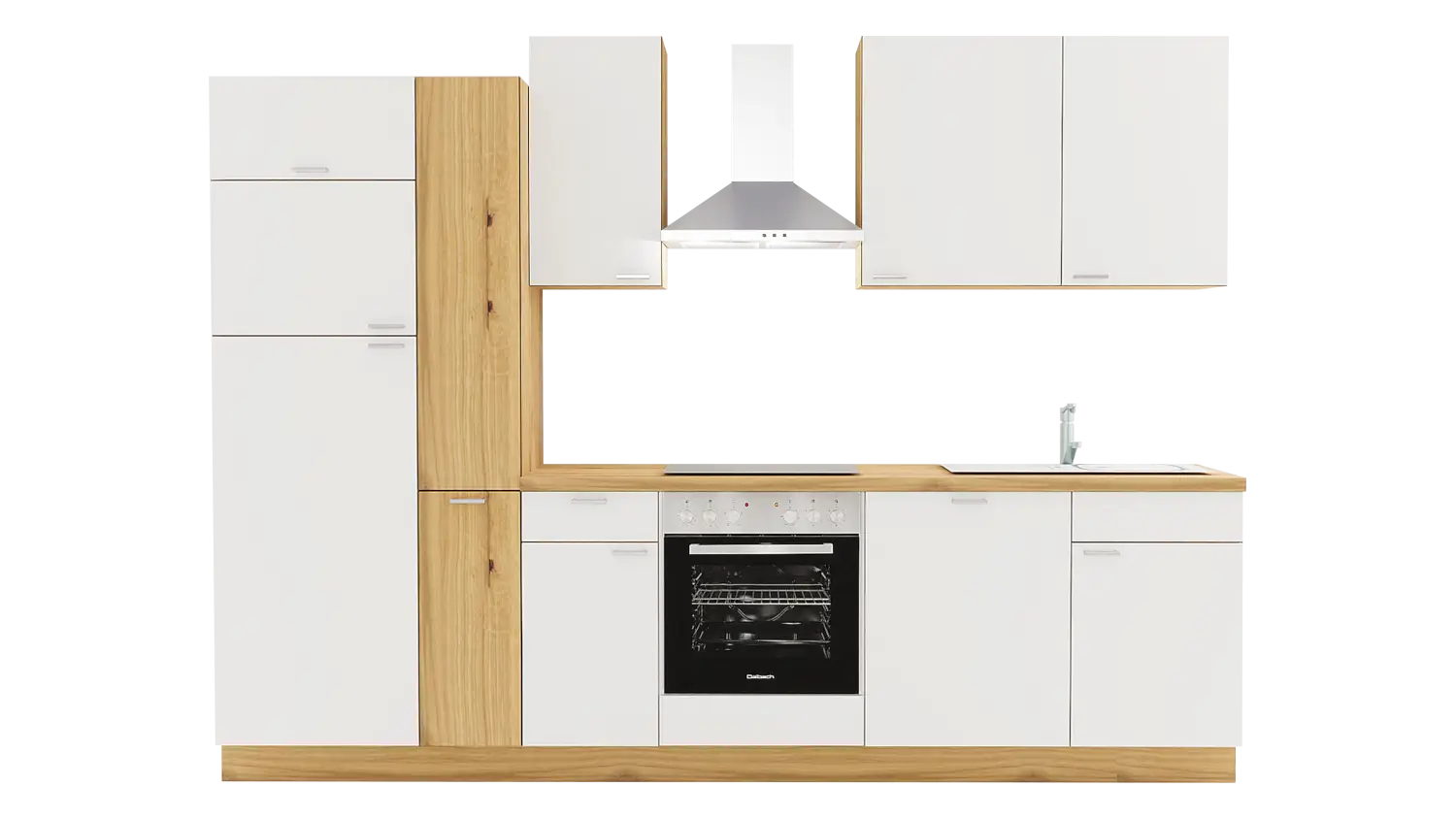 Express Küchenzeile ohne Geräte in Weiß & Eiche astig: 300 cm, Spüle rechts | Singleküche "EXK390-2-0-r"