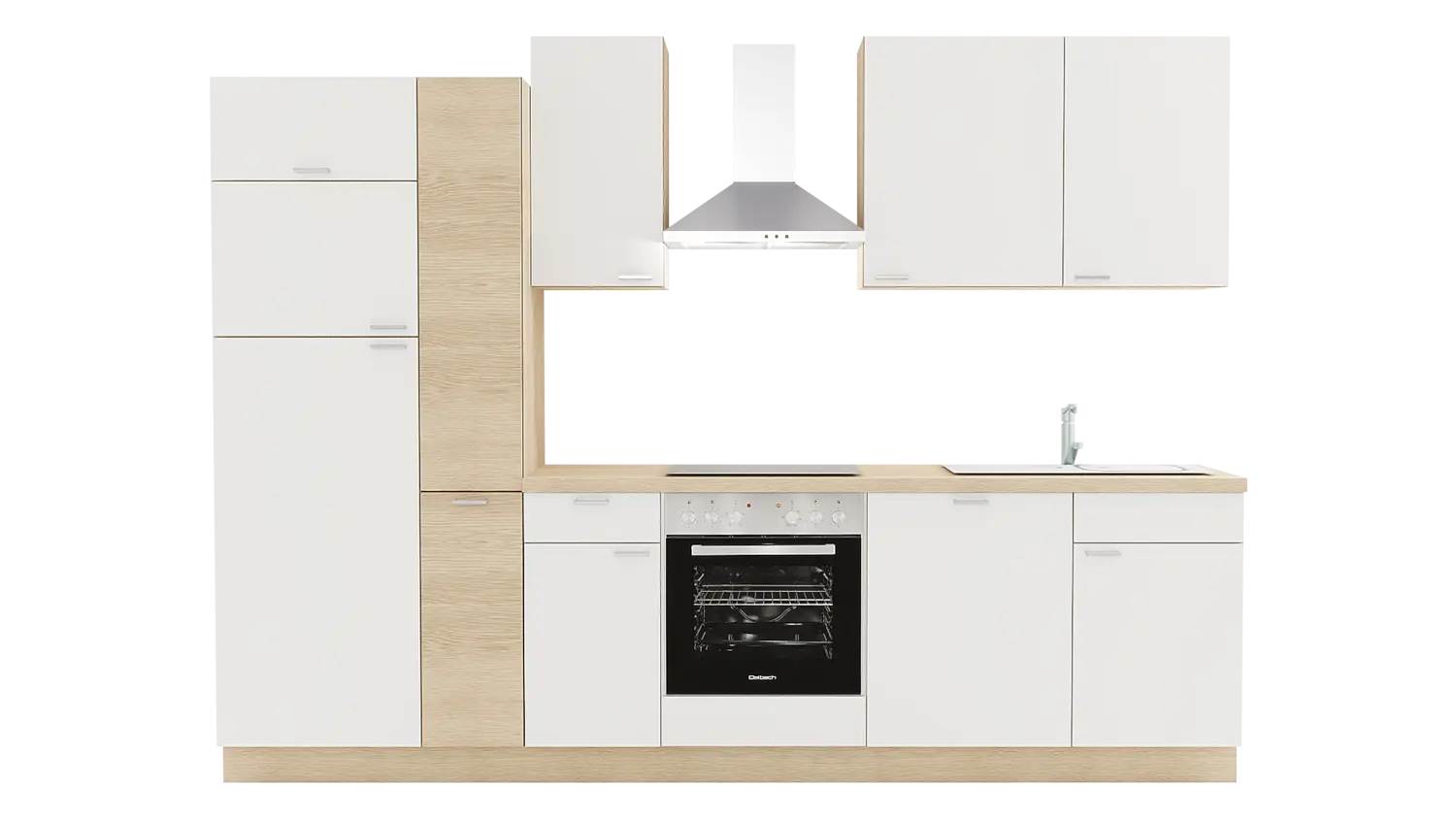 Express Küchenzeile ohne Geräte in Weiß & Wildeiche: 300 cm, Spüle rechts | Singleküche "EXK390-1-0-r"