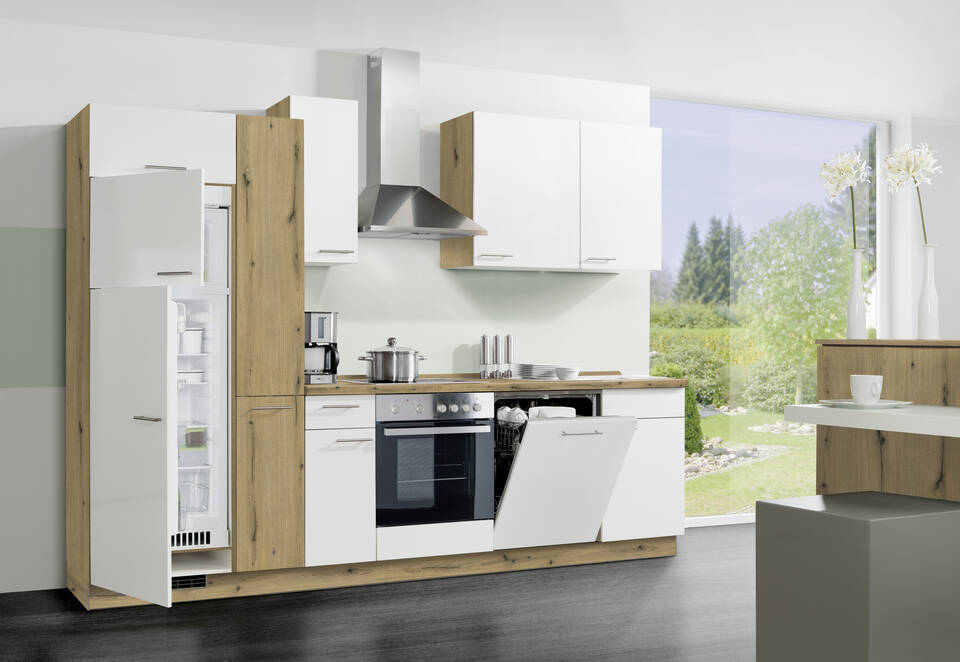 Express Küchenzeile ohne Geräte in Weiß & Eiche astig: 300 cm, Spüle rechts | Küchenblock "EXK390-2-0"