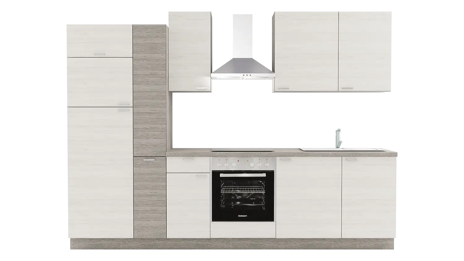 Express Küchenzeile ohne Geräte in Eiche weiß & Eiche grau: 300 cm, Spüle rechts | Singleküche "EXK400-2-0-r"