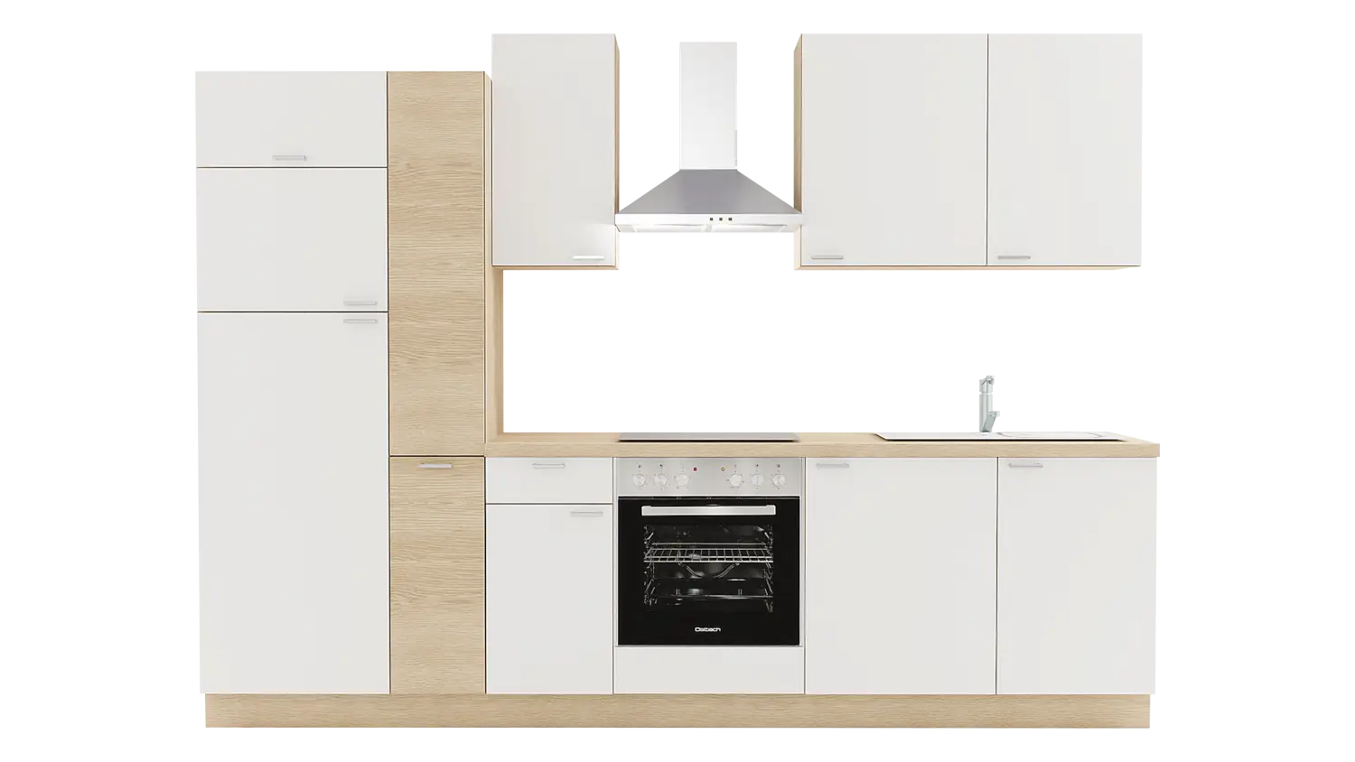 Express Küchenzeile ohne Geräte in Weiß & Wildeiche: 300 cm, Spüle rechts | Singleküche "EXK400-1-0-r"