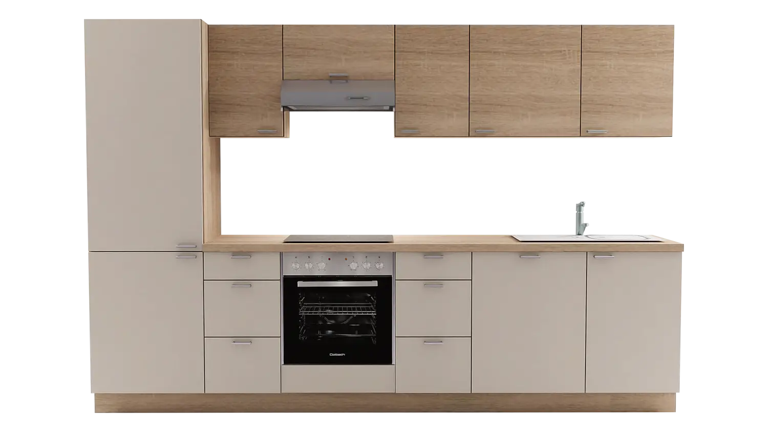 Express Küchenzeile ohne Geräte in Crema & Bergeiche: 310 cm, Spüle rechts | Küchenblock "EXK480-4-0-r"
