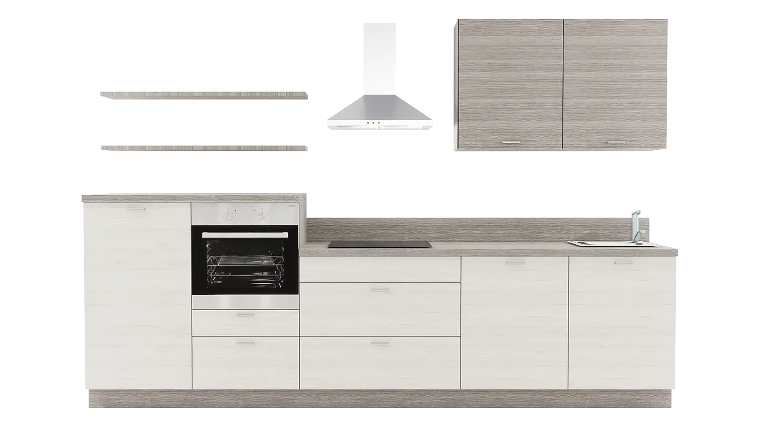 Express Küchenzeile ohne Geräte in Eiche weiß & Eiche grau: 330 cm, Spüle rechts | Küchenblock "EXK490-3-0-r"