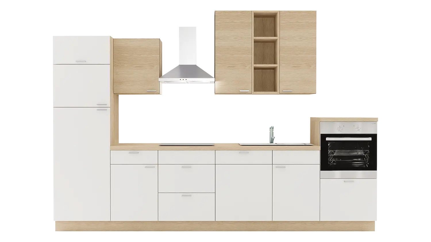 Express Küchenzeile ohne Geräte in Weiß & Wildeiche: 340 cm, Spüle rechts | Küchenblock "EXK510-1-0-r"