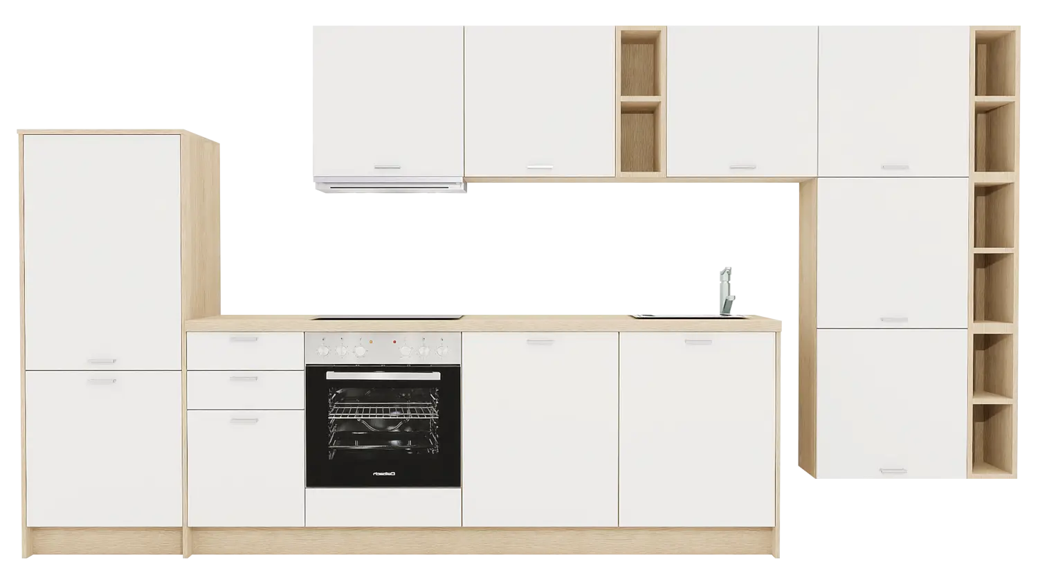 Express Küchenzeile ohne Geräte in Weiß & Wildeiche: 389 cm, Spüle rechts | Küchenblock "EXK560-2-0-r"