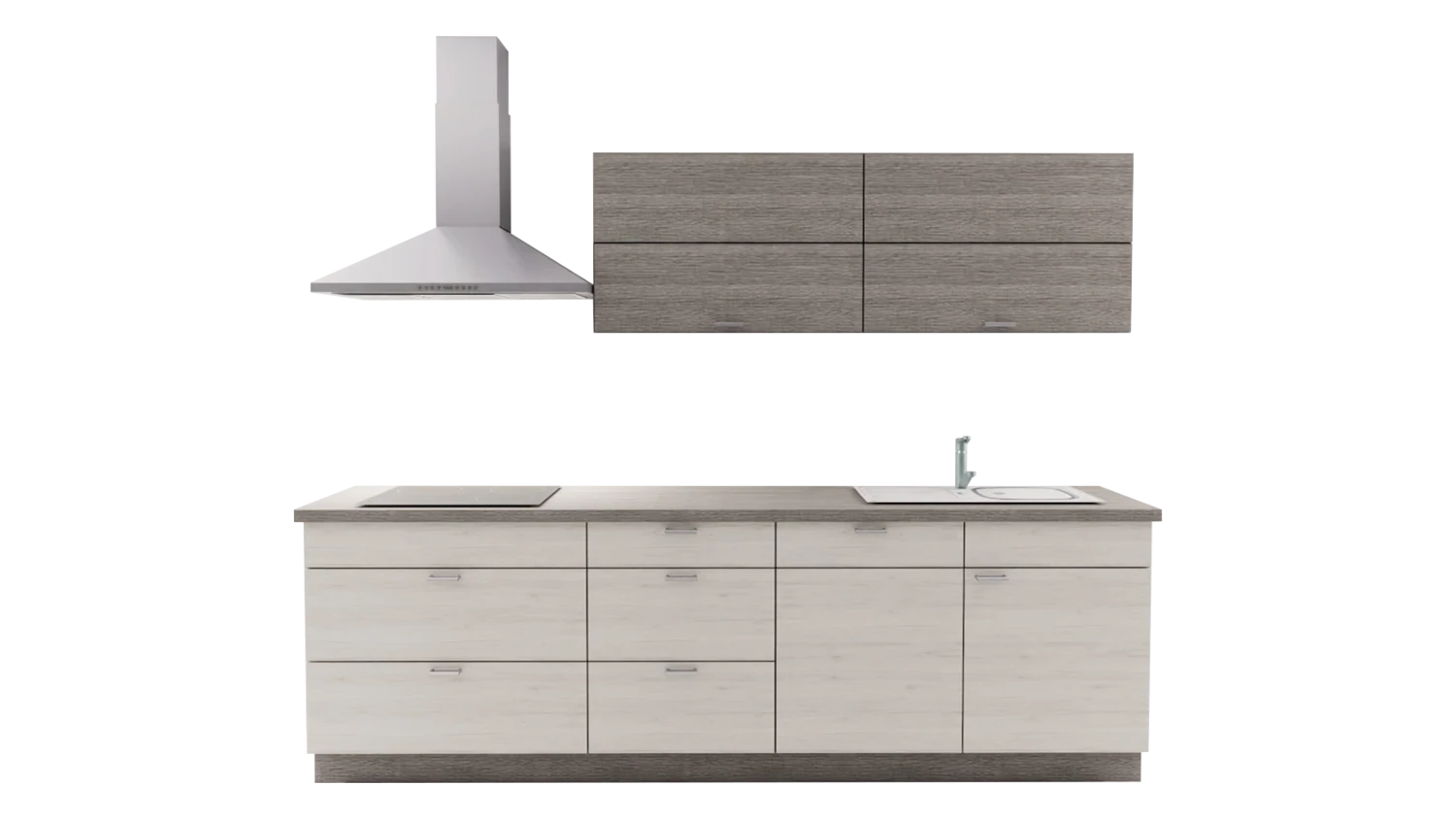 Express Küche ohne Geräte in Eiche weiß & Eiche grau: zweizeilig, 274x154 cm, 428 cm, Spüle rechts | Doppelblock "EXK30-3-0-r" / Bild 2