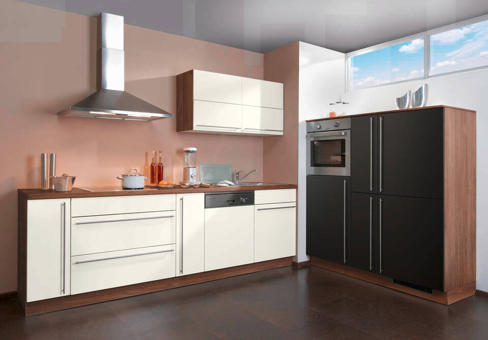 Express Zweizeilige Küche ohne Geräte in Magnolia & Schwarz & Nussbaum: 270x150 cm, 420 cm, Spüle rechts | Doppelblock "EXK670-1-0"
