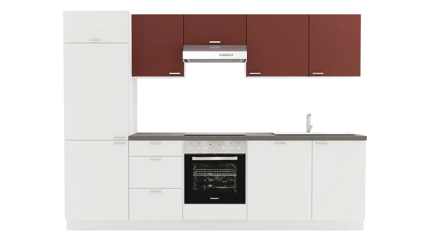 Express Küchenzeile ohne Geräte in Weiß & Karminrot & Stahl dunkel: 280 cm, Spüle rechts | Singleküche "EXK720-1-0-r"