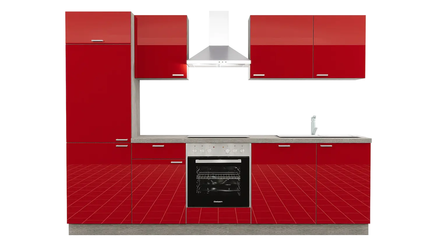 Express Küchenzeile ohne Geräte in Marsrot Hochglanz & Eiche grau: 280 cm, Spüle rechts | Singleküche "EXK730-1-0-r"