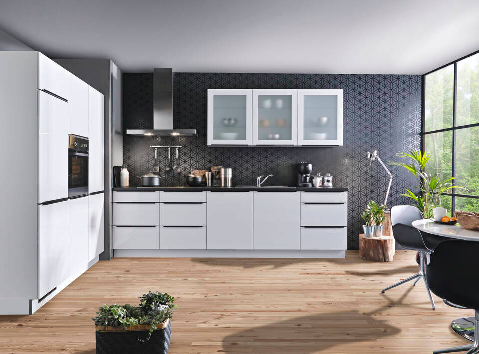 Express Zweizeilige Küche ohne Geräte in Weiß Hochglanz & Schwarz: 300x180 cm, 480 cm, Spüle rechts | Doppelblock "EXK800-1-0"