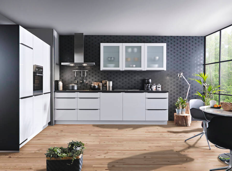 Express Küche ohne Geräte in Weiß Hochglanz & Schwarz: zweizeilig, 300x184 cm, 484 cm, Spüle rechts | Doppelblock "EXK810-1-0-r"